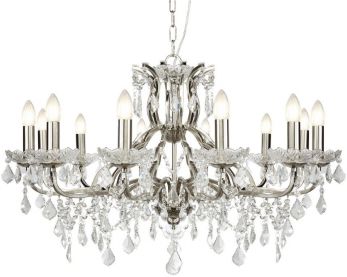 Paris 12lt Chandelier, Clear Crystal Drops & Trim, Satin Silver (87312-12SS)