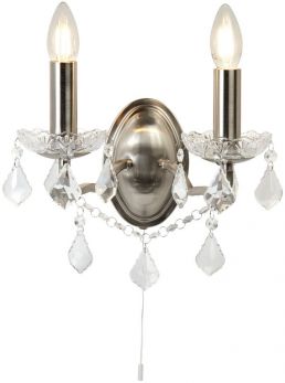 Paris 2lt Wall Bracket, Clear Crystal Drops & Trim, Satin Silver (8732-2SS)