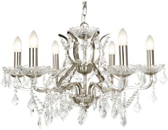 Paris 6lt Chandelier, Clear Crystal Drops & Trim, Satin Silver (8736-6SS)