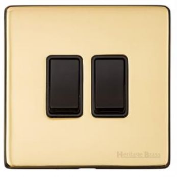 Heritage Polished Brass 2 Gang 2 Way Light Switch (10 Amp) Vintage Screwless Plate (X01.110.BK)