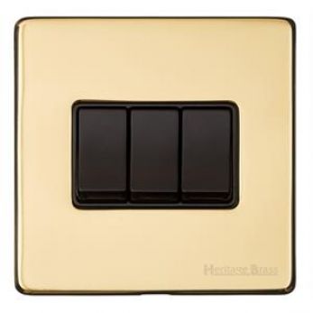 Heritage Polished Brass 3 Gang 2 Way Light Switch (10 Amp) Vintage Screwless Plate (X01.120.BK)