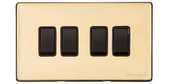 Heritage Polished Brass 4 Gang 2 Way Light Switch (10 Amp) Vintage Screwless Plate (X01.130.BK)