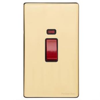 Polished Brass 45A Cooker Switch with Neon (tall plate) Vintage Screwless Plate (X01.161.BK)