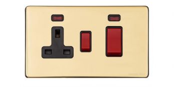 Heritage Polished Brass 45A Cooker Switch/13A Socket with Neon Vintage Screwless Plate (X01.162.BK)