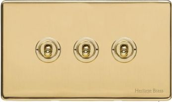 Heritage Polished Brass 3 Gang 2 Way Toggle Switch (10 Amp) Vintage Screwless Plate (X01.2420.PB)