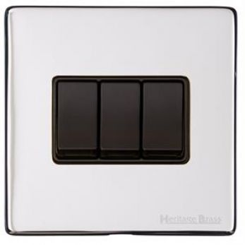 Heritage Polished Chrome 3 Gang 2 Way Light Switch (10 Amp) Vintage Screwless Plate (X02.120.BK)