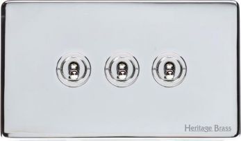 Heritage Polished Chrome 3 Gang 2 Way Toggle Switch (10 Amp) Vintage Screwless Plate (X02.2420.PC)