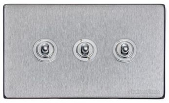 Heritage Satin Chrome 3 Gang 2 Way Toggle Switch (10 Amp) Vintage Screwless Plate (X03.2420.SC)