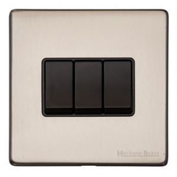 Heritage Satin Nickel 3 Gang 2 Way Light Switch (10 Amp) Vintage Screwless Plate (X05.120.BK)