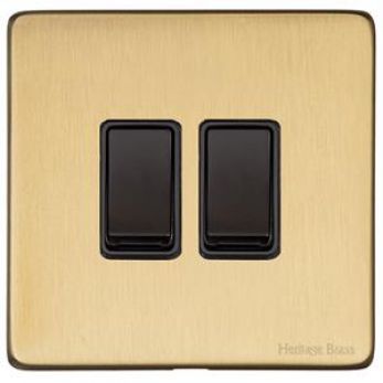 Heritage Satin Brass 2 Gang 2 Way Light Switch (10 Amp) Vintage Screwless Plate (X44.110.BK)