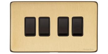 Heritage Satin Brass 4 Gang 2 Way Light Switch (10 Amp) Vintage Screwless Plate (X44.130.BK)