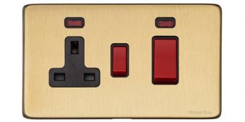 Heritage Satin Brass 45Amp Cooker Switch/13Amp Socket with Neon Vintage Screwless Plate (X44.162.BK)