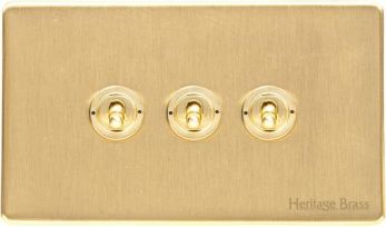 Heritage Satin Brass 3 Gang 2 Way Toggle Switch (10 Amp) Vintage Screwless Plate (X44.2420.SB)
