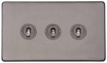 Heritage Satin Black Nickel 3 Gang 2 Way Toggle Switch (10A) Vintage Screwless Plate (X66.2420.GM)