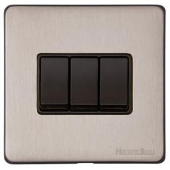 Heritage Aged Pewter 3 Gang 2 Way Light Switch (10 Amp) Vintage Screwless Plate (XAP.120.BK)