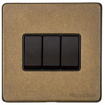 Heritage Rustic Brass 3 Gang 2 Way Light Switch (10 Amp) Vintage Screwless Plate (XRB.120.BK)