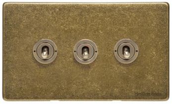 Heritage Rustic Brass 3 Gang 2 Way Toggle Switch (10 Amp) Vintage Screwless Plate (XRB.2420.RB)