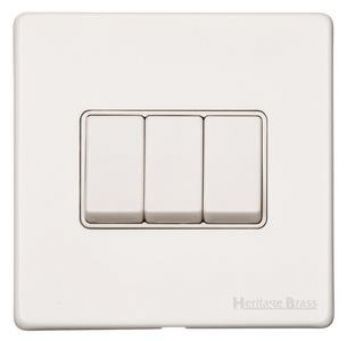 Heritage Matt White 3 Gang 2 Way Light Switch (10 Amp) Vintage Screwless Plate (XWH.120.W)