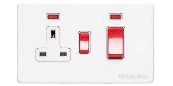 Heritage Matt White 45Amp Cooker Switch/13Amp Socket with Neon Vintage Screwless Plate (XWH.162.W)