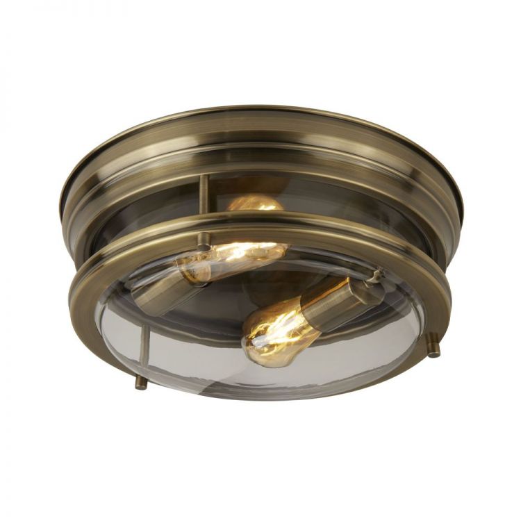 Searchlight 5182AB Edinburgh 2 Light Flush Antique Brass & Glass IP44 Ceiling Light