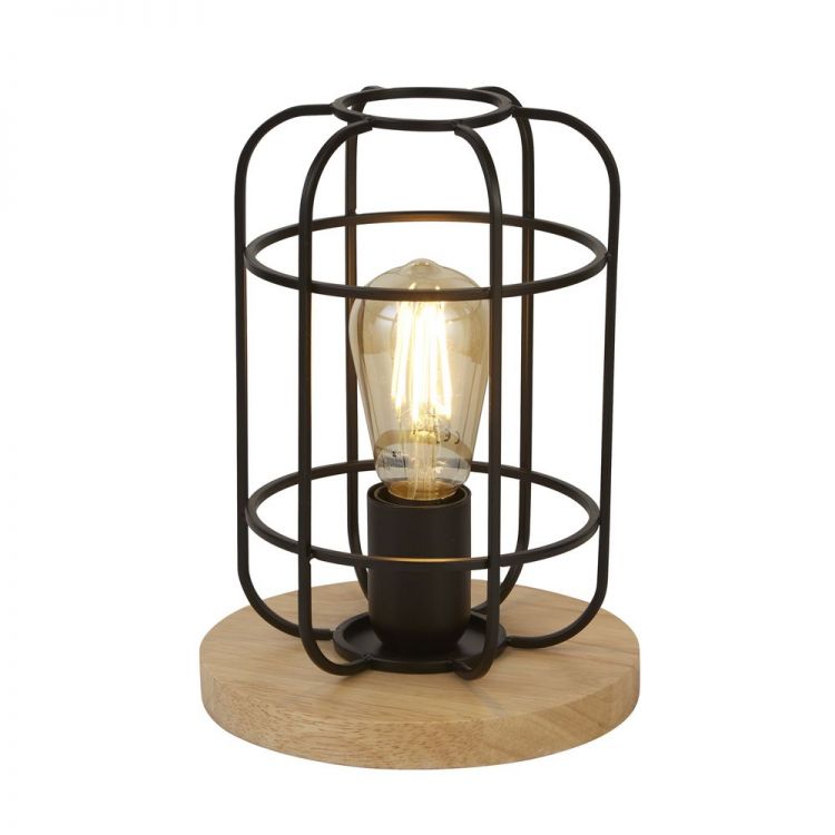 Vision Cage Table Lamp - Matt Black & Wood - Searchlight - 81951-1BK