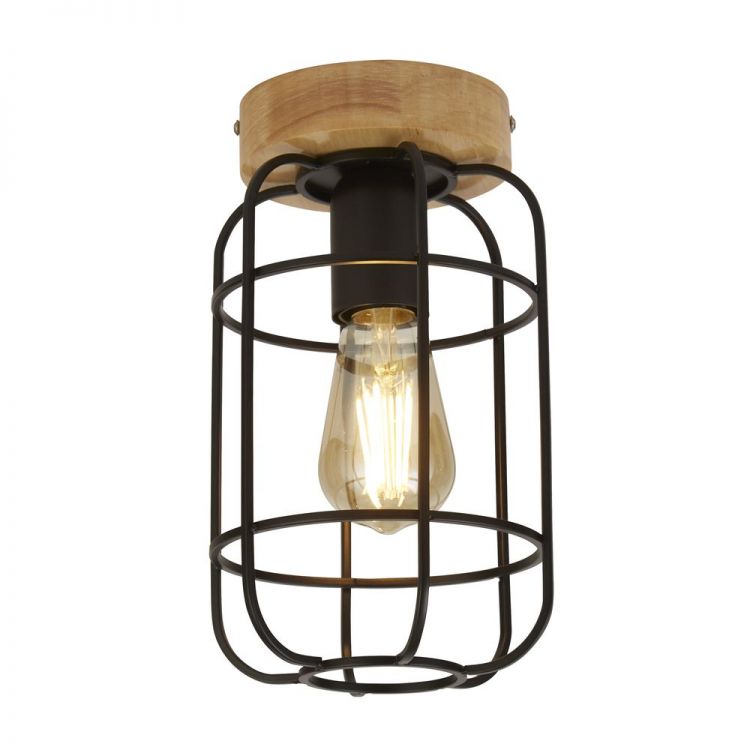 Vision Cage Ceiling Light - Matt Black & Wood - Searchlight - 81952-1BK