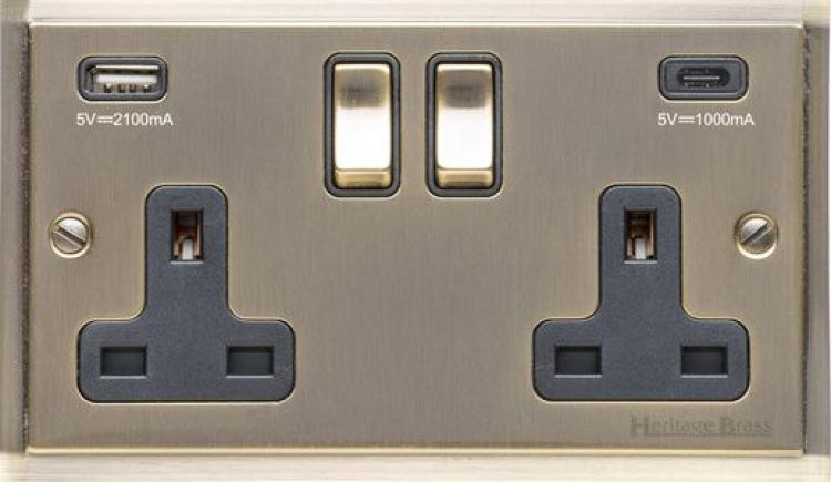 Elite Stepped Plate 2 Gang Antique Brass with Black Trim USB-A+C Switched Socket - by Heritage Electrical - C-S91.755.ABB-USB