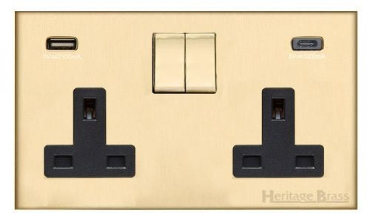 Winchester 2 Gang Satin Brass with Black Trim Screwless USB-A+C Switched Socket - by Heritage Electrical - C-W44.255.SBBK-USB
