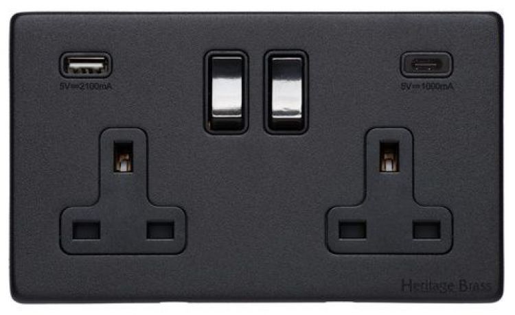 Vintage 2 Gang Black Plastic with Black Trim Screwless USB-A+C Switched Socket - by Heritage Electrical - C-XBK.750.BK-USB