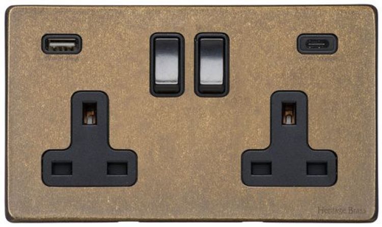 Vintage 2 Gang Antique Brass   with Black Trim Screwless USB-A+C Switched Socket - by Heritage Electrical - C-XRB.750.BK-USB