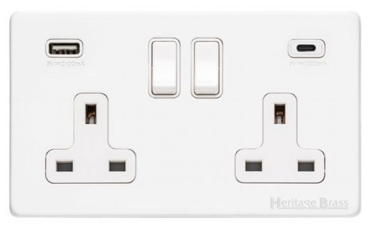 Vintage 2 Gang White Plastic with White Trim Screwless USB-A+C Switched Socket - by Heritage Electrical - C-XWH.750.W-USB