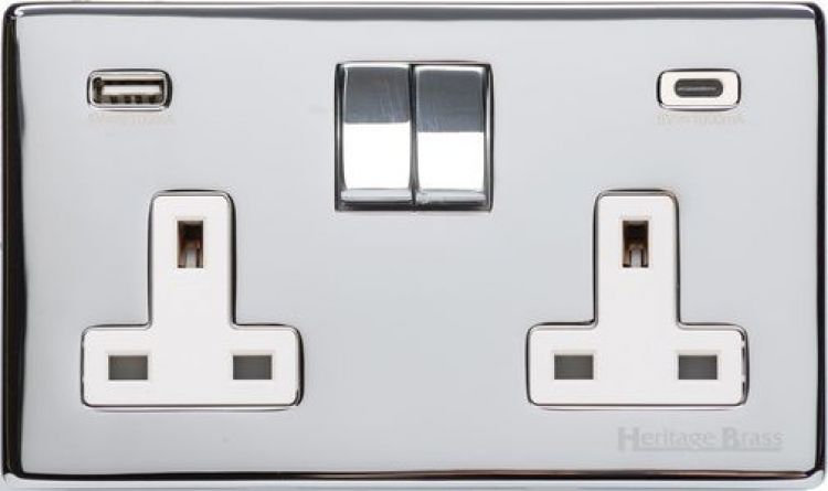 Studio 2 Gang Polished Chrome with White Trim Screwless USB-A+C Switched Socket - by Heritage Electrical - C-Y02.255.PCW-USB