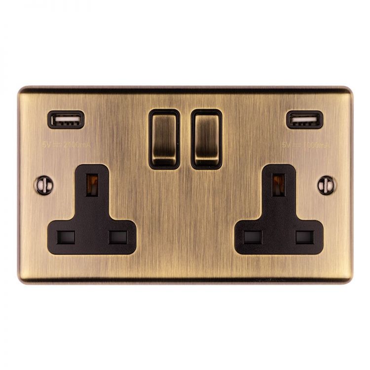 Eurolite 2 Gang 13Amp Switched Socket With Comb 3.1 Amp Usb Outlets Antique Enhance Range Black Trim - EN2USBABB