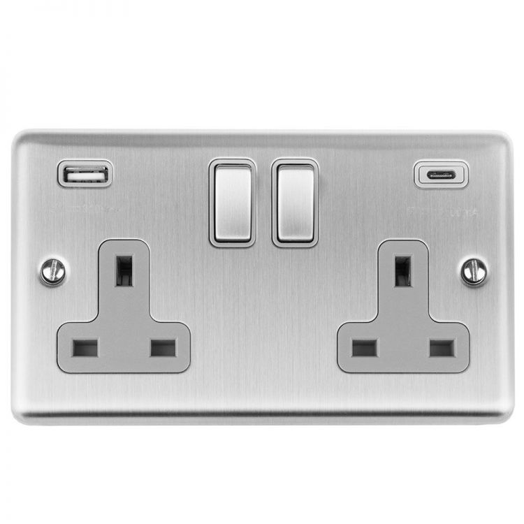 Eurolite 2 Gang 13Amp Switched Socket W/ 3.1Amp Usb Outlets (1Xtypea 1Xtypec) Satin Enhance Range Grey Trim - EN2USBCSSG