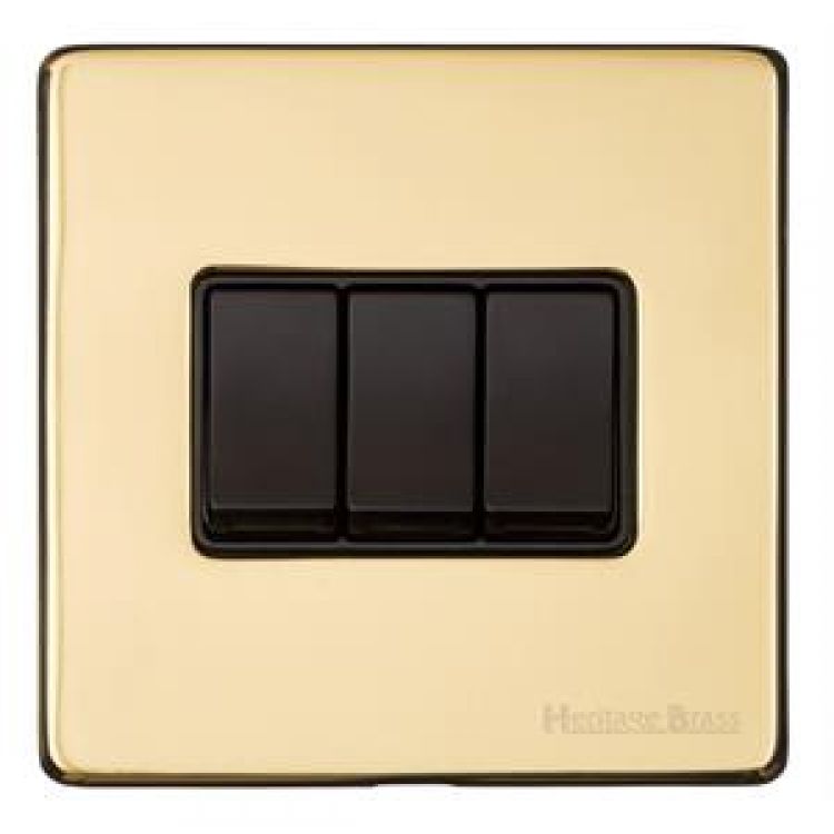 Heritage Polished Brass 3 Gang 2 Way Light Switch (10 Amp) Vintage Screwless Plate (X01.120.BK)