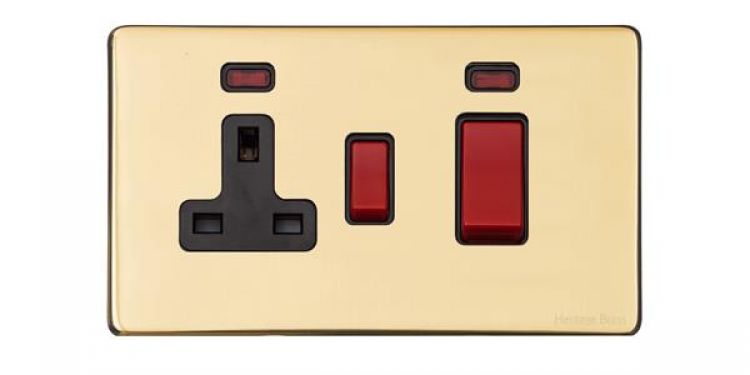 Heritage Polished Brass 45A Cooker Switch/13A Socket with Neon Vintage Screwless Plate (X01.162.BK)