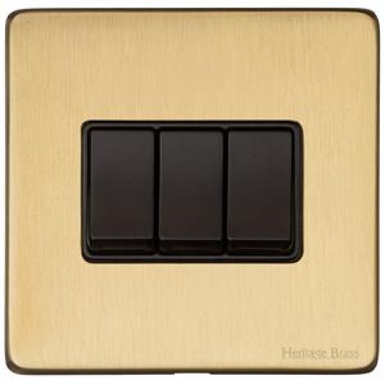 Heritage Satin Brass 3 Gang 2 Way Light Switch (10 Amp) Vintage Screwless Plate (X44.120.BK)