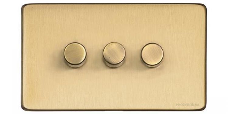 Heritage Satin Brass 3 Gang 2 Way Dimmer (250 watts) Vintage Screwless Plate (X44.280.250)