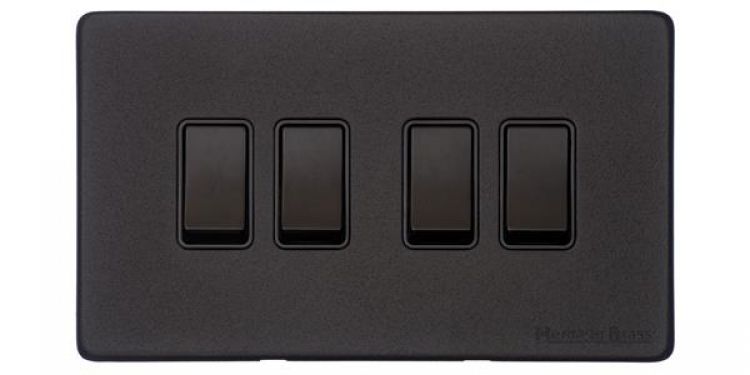 Heritage Brass Vintage Matt Black 4-Gang 2-Way Switch Screwless (XBK.130.BK)