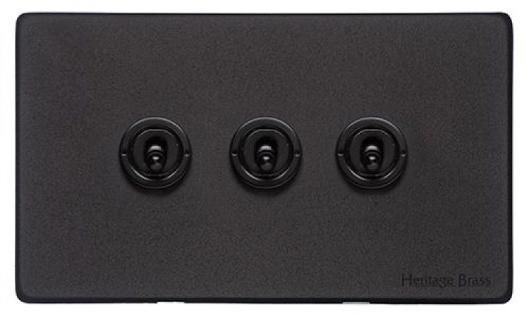 Heritage Brass XBK.1420 Vintage Matt Black 3-Gang 2-Way Dolly Switch Screwless (XBK.2420.BK)