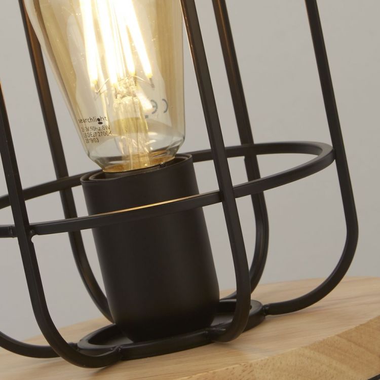 Vision Cage Table Lamp - Matt Black & Wood - Searchlight - 81951-1BK
