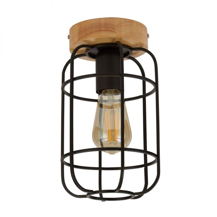 Vision Cage Ceiling Light - Matt Black & Wood - Searchlight - 81952-1BK