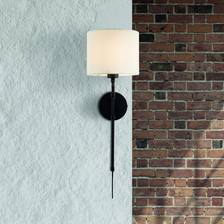Munich Adjustable Wall Light - Matt Black, Linen Shade - Searchlight - 12081-1BK