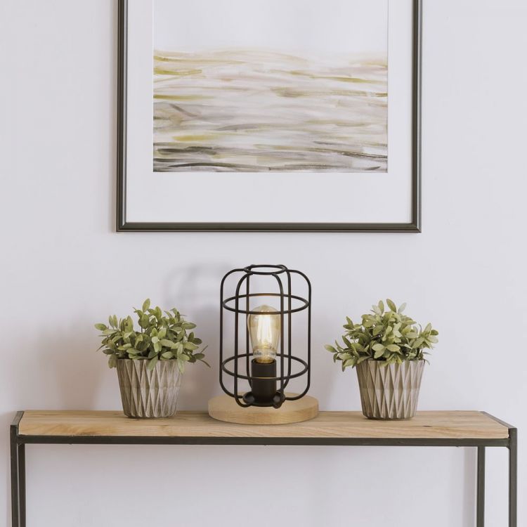Vision Cage Table Lamp - Matt Black & Wood - Searchlight - 81951-1BK