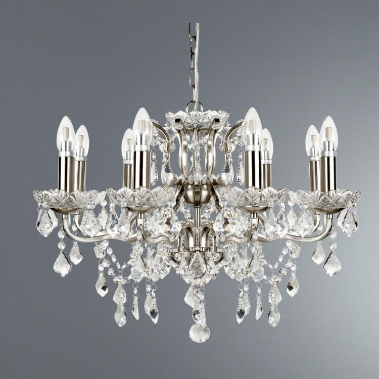 Paris 8lt Chandelier, Clear Crystal Drops & Trim, Satin Silver (8738-8SS)