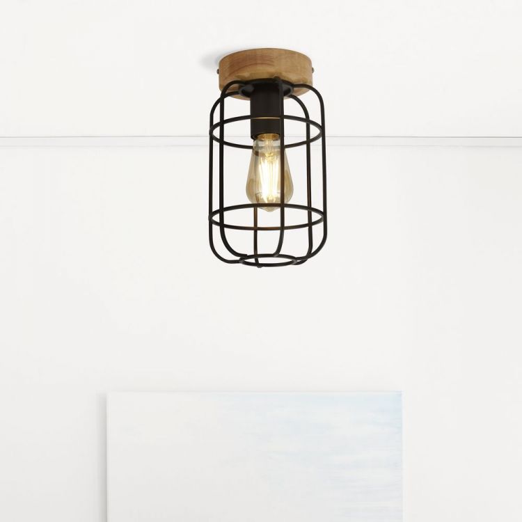Vision Cage Ceiling Light - Matt Black & Wood - Searchlight - 81952-1BK